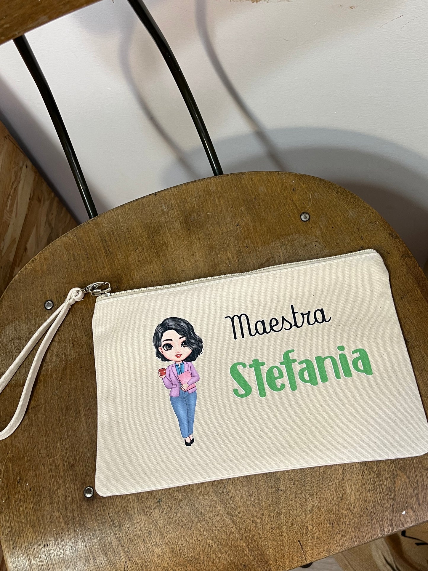 Pochette in cotone con laccio personalizzata per regalo Maestra con Avatar
